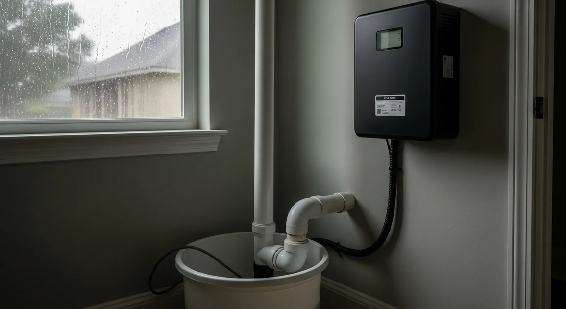 A sump pump basin with a discharge pipe in a Houston home utility area next to a wall-mounted battery backup unit during a rainstorm.
