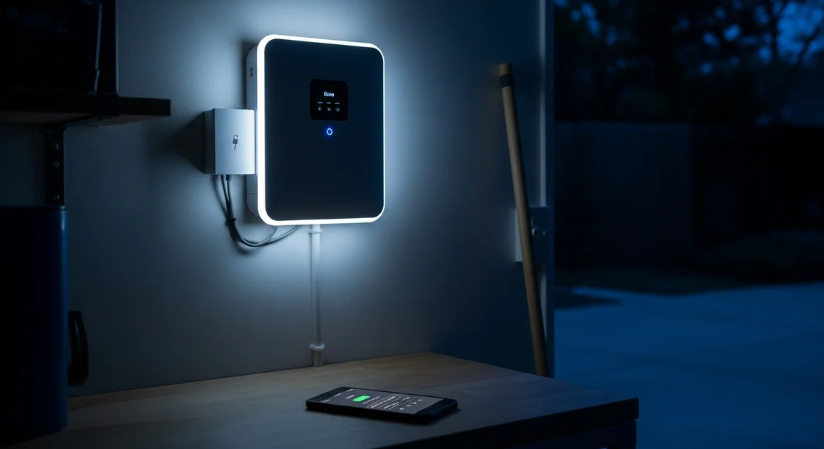 A home battery in a Houston garage charging overnight, with a phone app showing a time-of-use electricity schedule.