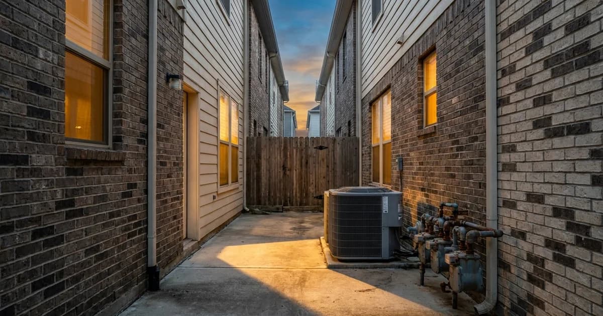 The narrow gap between two attached three-story Houston townhomes, roughly the width of a person, with a gas meter and an air conditioning condenser crowding the concrete strip, a wooden privacy gate at the far end, brick and fiber cement siding on both walls, late afternoon sun cutting a hard diagonal shadow down the passage.