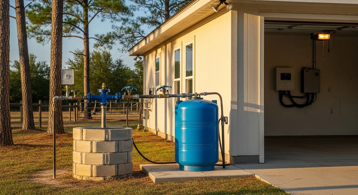 A wellhead and pressure tank beside a rural Houston-area home with a wall-mounted battery backup system in the garage.