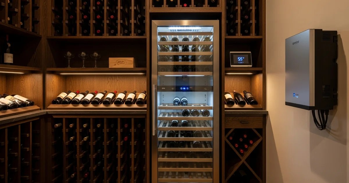 Home wine cellar with bottles racked floor to ceiling kept cool during a Houston power outage, with a wall-mounted cooling unit visible.