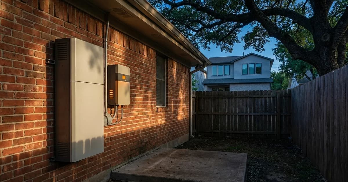 A wall-mounted home battery cabinet and smart controller installed on the narrow shaded side wall of a 1950s red brick ranch house, mounted above a low concrete pad, with a mature live oak canopy overhead and a two-story new-build house visible over the fence next door, warm late afternoon light raking across the brick
