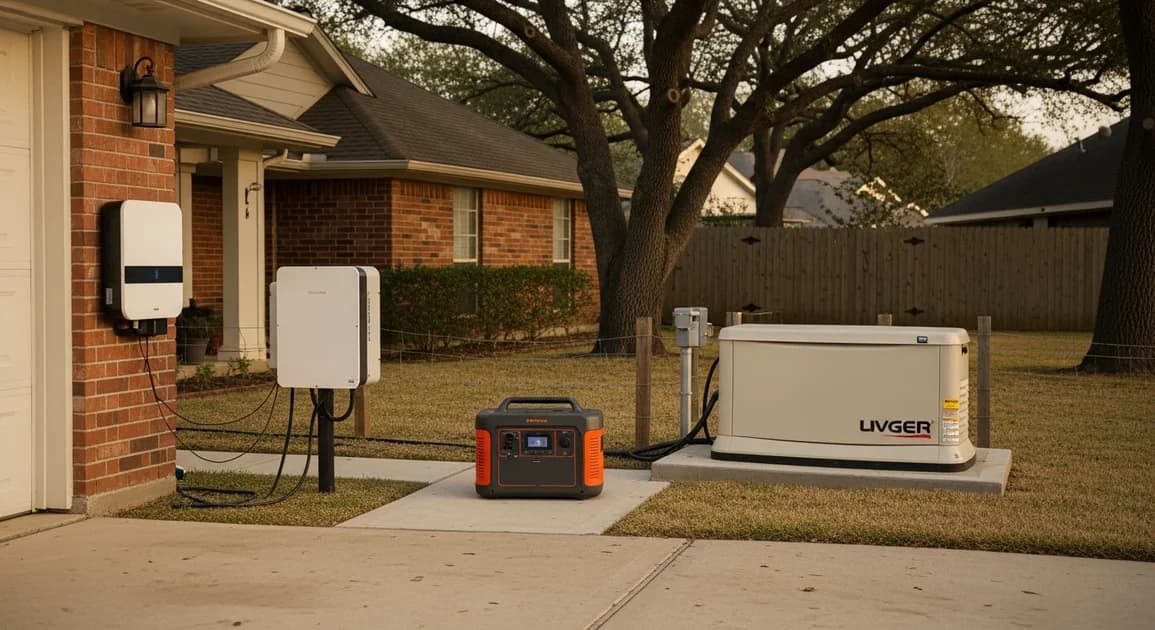 Side-by-side visualization of backup power options on a Houston driveway, whole-home battery unit, portable power station, and standby generator, with the home in the background.