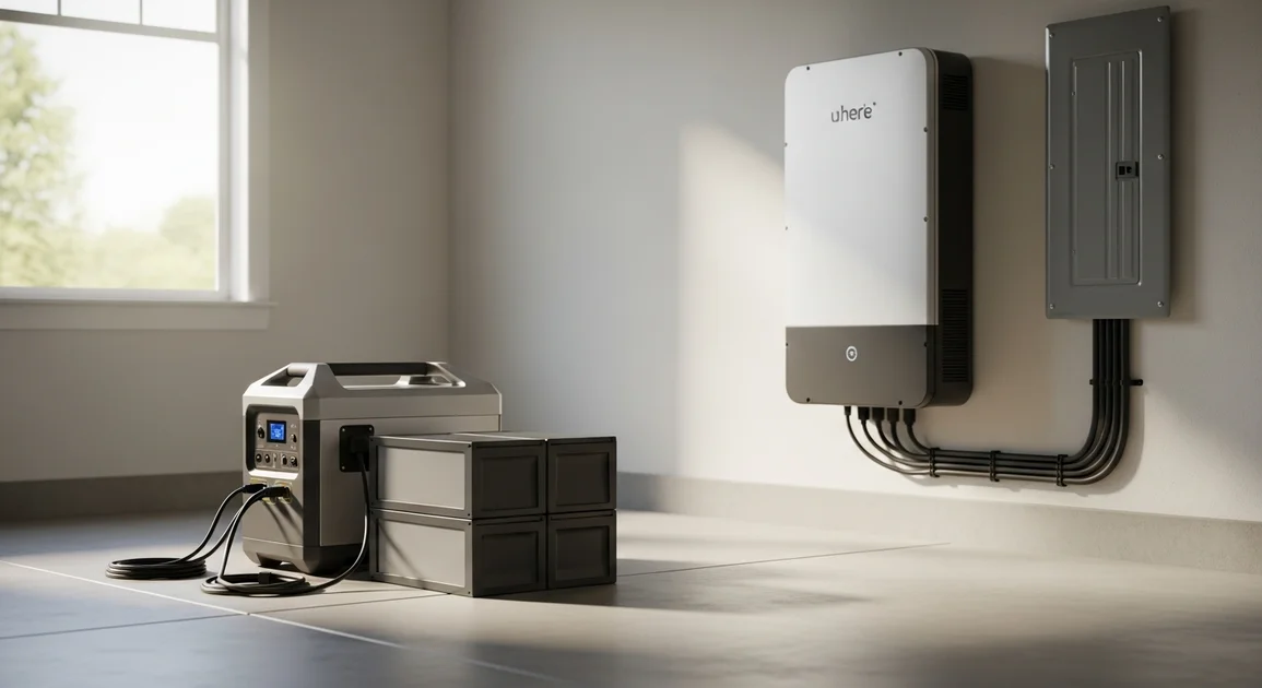 A modular portable power station beside a wall-mounted whole-home battery in a Texas garage, comparing portable and permanent backup.