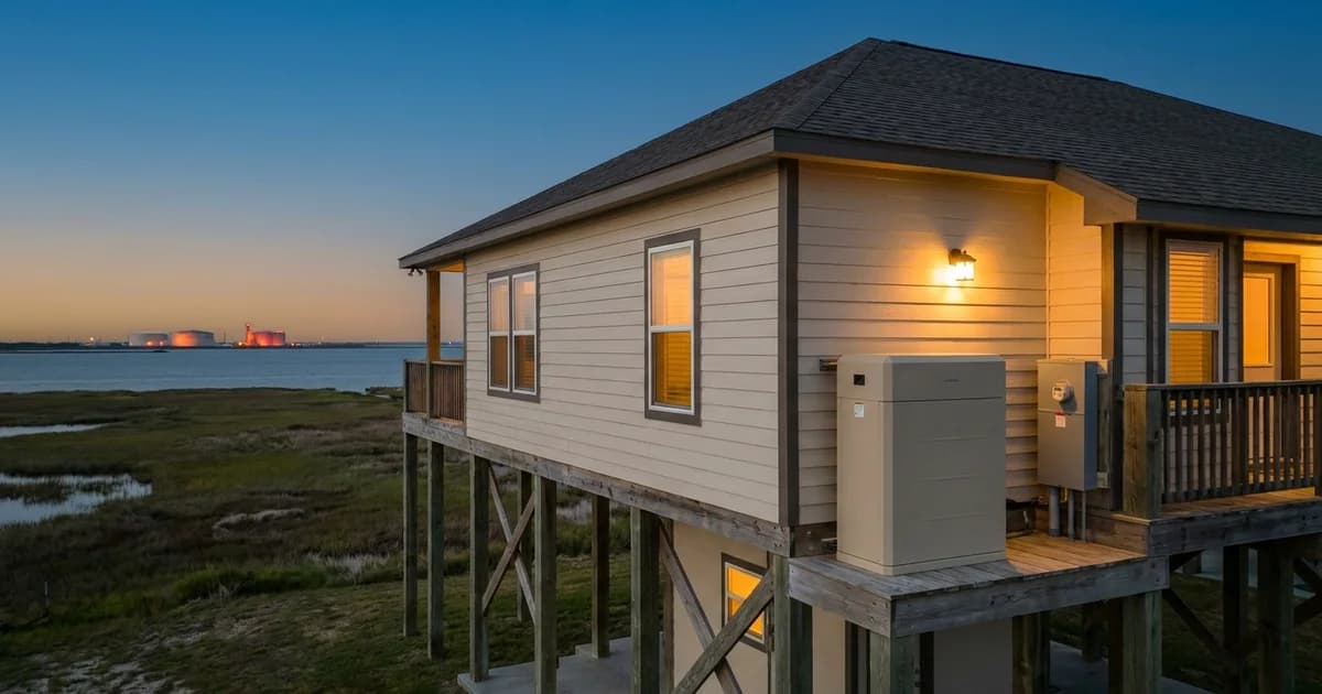A raised single-story coastal Texas home on pilings at dusk with a wall-mounted battery unit beside the electrical panel, flat marsh and Trinity Bay in the background, industrial storage tanks glowing faintly on the far horizon