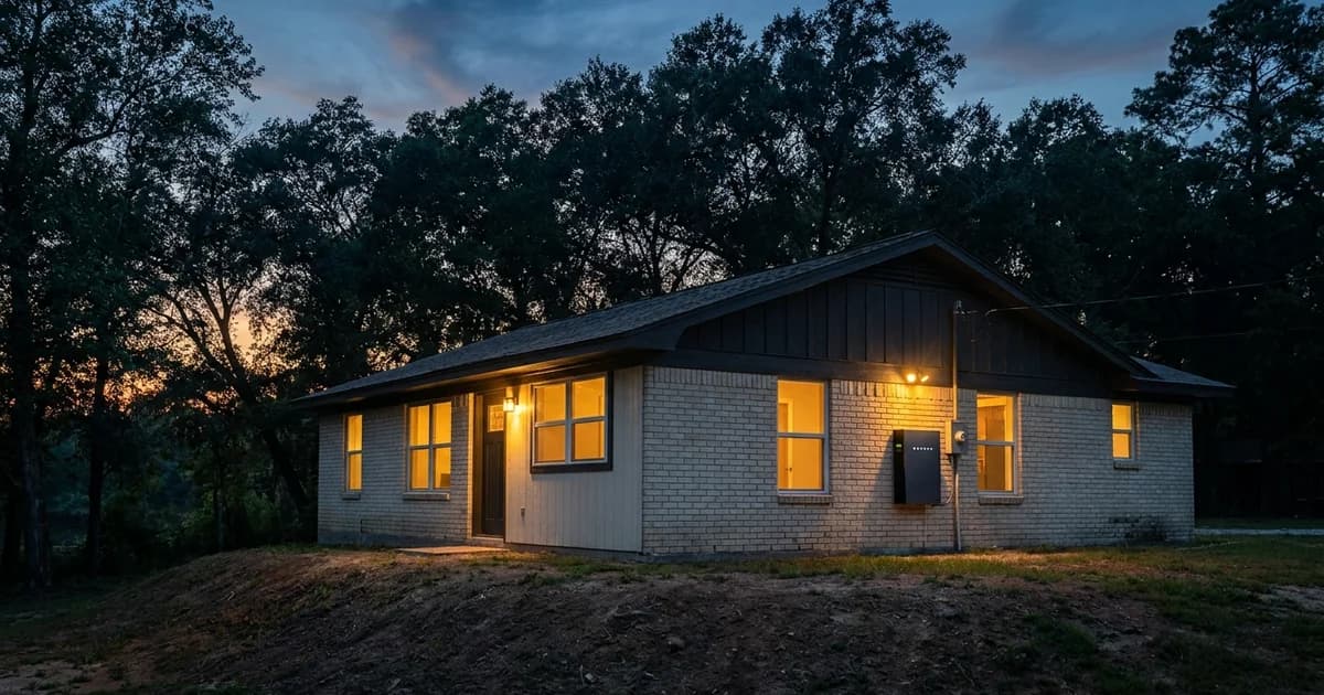 Single-story east Harris County home on a raised lot at dusk with a wall-mounted battery backup unit on the side wall and the San Jacinto River treeline behind it.