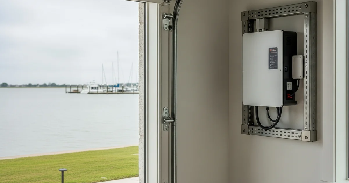 Clear Lake Texas coastal home with a wall-mounted battery backup unit in a protected garage location and Galveston Bay visible in the background.