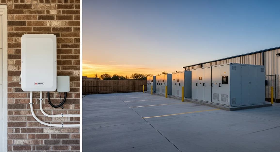 Side-by-side photo of a residential Powerwall-class battery on a Houston home garage wall and a commercial-scale battery cabinet on a concrete pad behind a Texas business.
