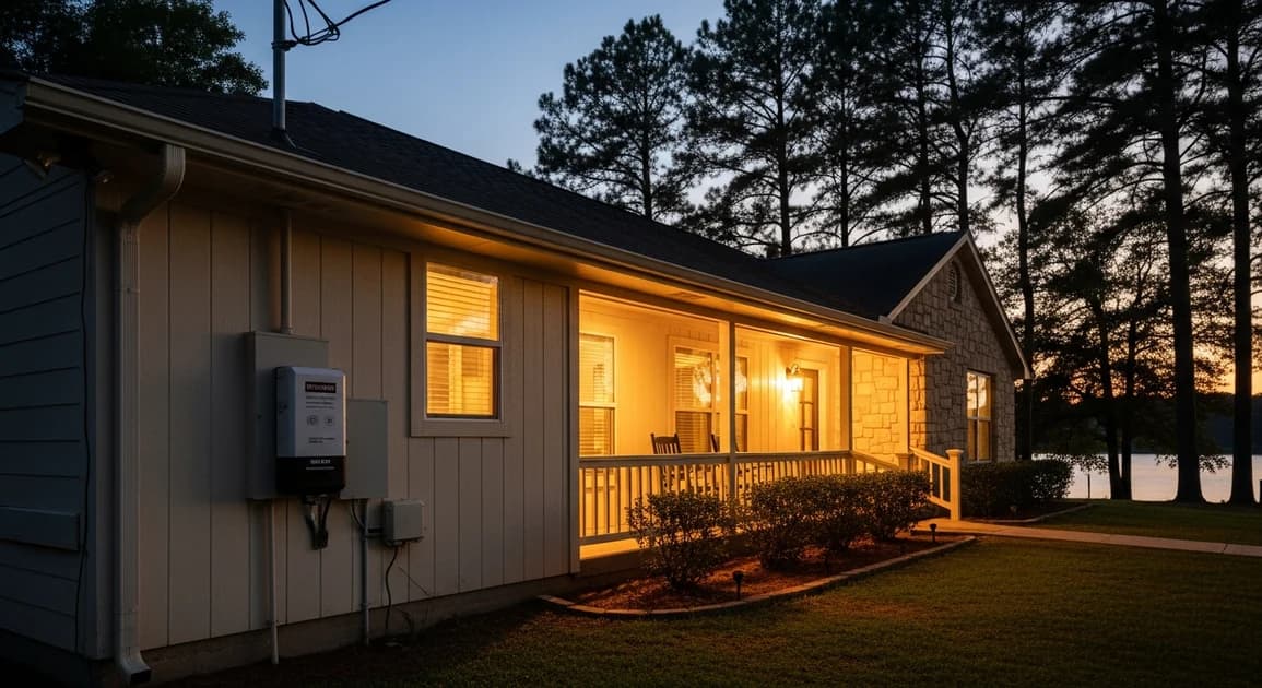 Conroe Texas home with lights on during a neighborhood power outage, powered by a wall-mounted battery backup system