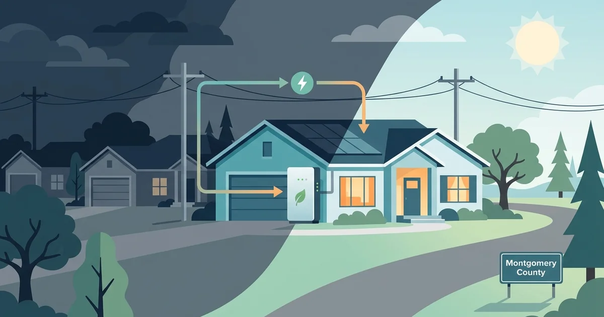 Conroe Texas home with lights on during a neighborhood power outage, powered by a wall-mounted battery backup system