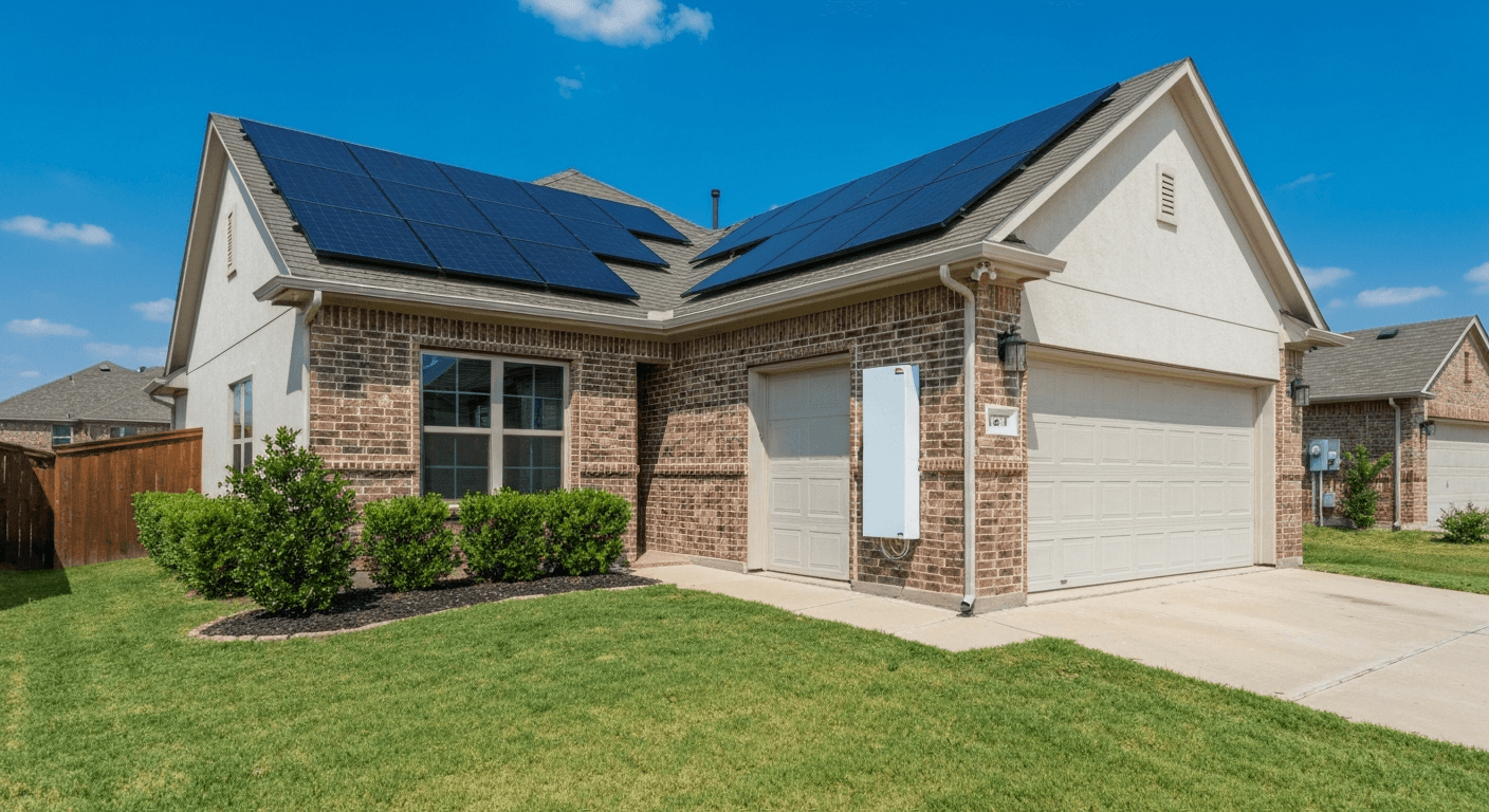 Modern Texas home with solar panels on the roof and a battery backup system mounted on the garage wall on a sunny day