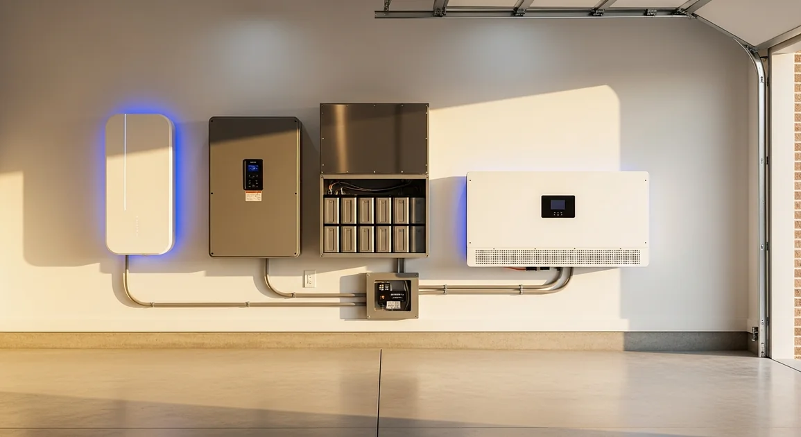 Three wall-mounted home battery units side by side in a Texas suburban garage showing Powerwall-style, Generac-style, and Enphase-style units