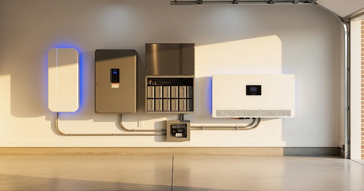 Three wall-mounted home battery units side by side in a Texas suburban garage showing Powerwall-style, Generac-style, and Enphase-style units