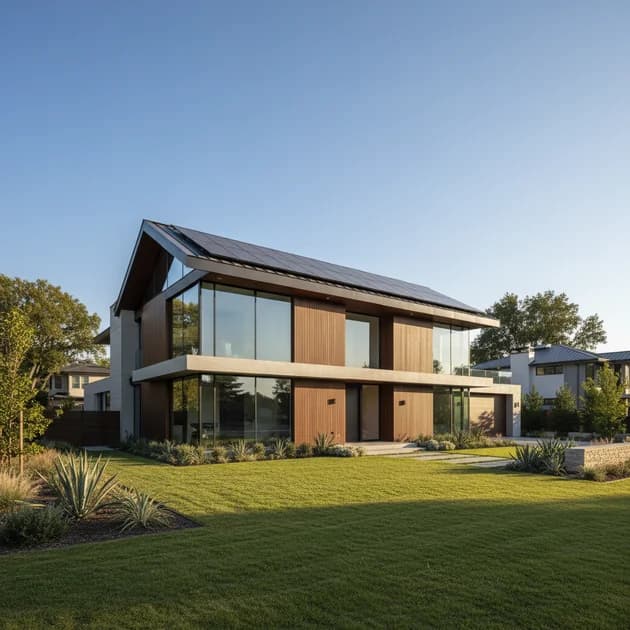Whole house battery storage unit connected to rooftop solar panels on a single-family residential home