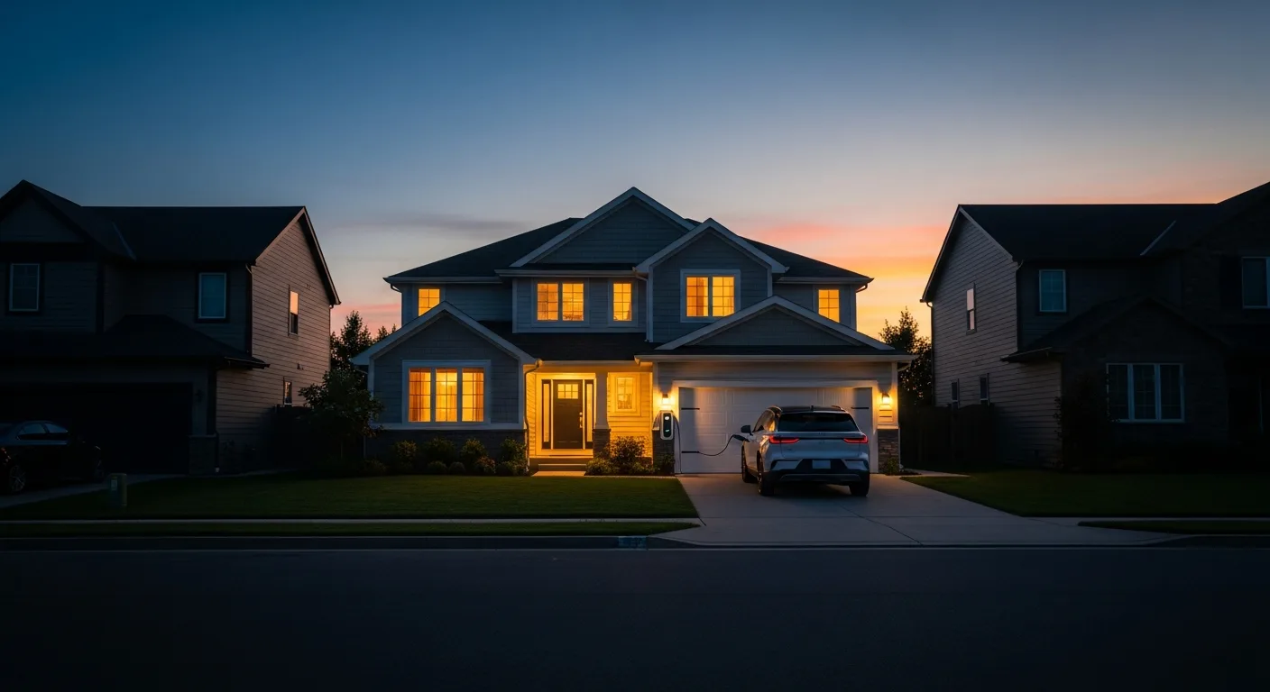 Electric vehicle parked in a driveway connected to a home via a bidirectional V2H charger providing backup power