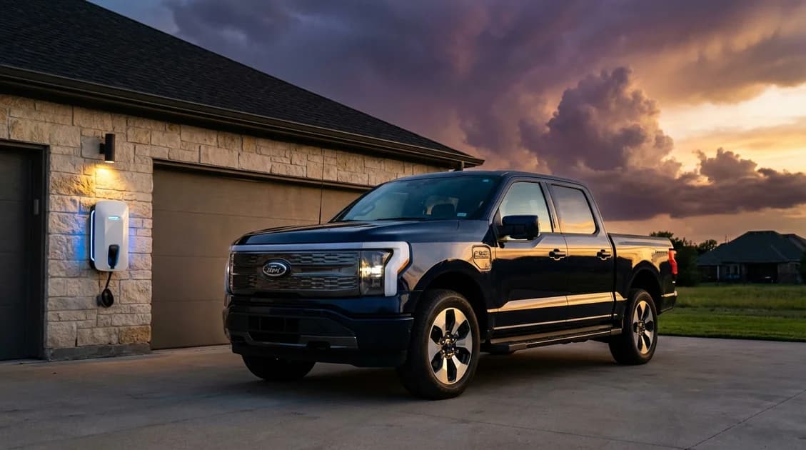 Ford F-150 Lightning connected to a bidirectional charger in a Houston driveway at dusk