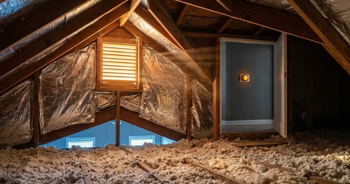 Open attic of a Houston home with fresh reflective foil sheathing on the roof deck and thick blown insulation, a smart thermostat glowing on a hallway wall in the background, warm amber late afternoon light through a gable vent