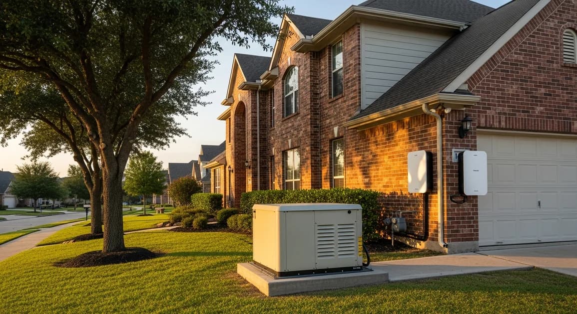 Cypress Texas suburban two-story home with a wall-mounted home battery backup unit on the side garage wall and a standby generator on a concrete pad nearby.