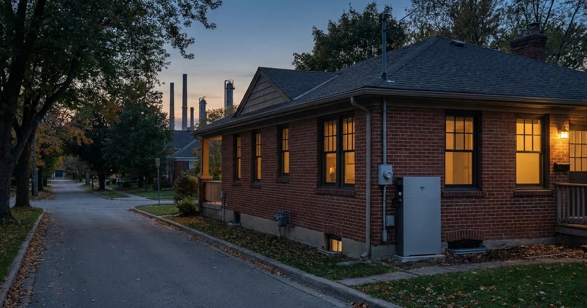 Single-story brick home on a quiet Deer Park street with the windows closed and a wall-mounted battery backup unit on the side wall, industrial towers faint on the horizon.