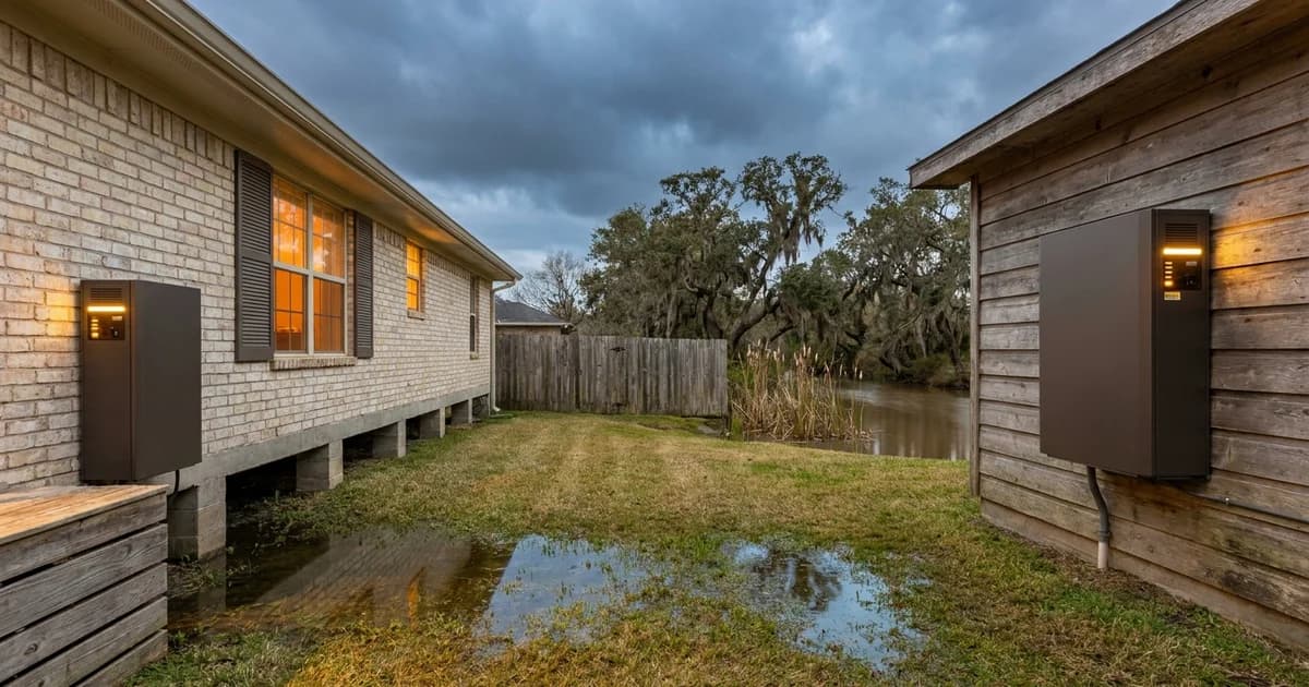 A wall-mounted home battery backup unit installed high on the exterior garage wall of a raised single story brick house in flat coastal Texas farm country, a slow brown bayou lined with live oaks and cattails just past the back fence, standing water pooled in the mowed grass, low warm late afternoon sun and blue grey storm clouds retreating on the horizon