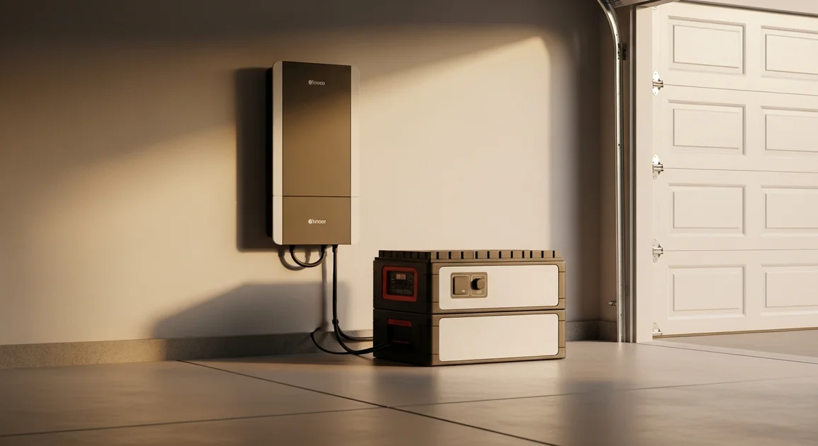 A stacked modular portable power station beside a wall-mounted whole-home battery in a Texas garage, comparing semi-portable and permanent backup.