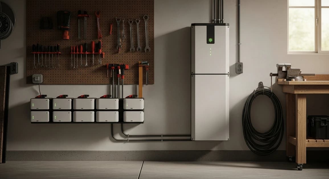 Two modular home battery systems mounted on a Texas garage wall, one a row of small stacked units and one a single integrated tower, in neutral light.
