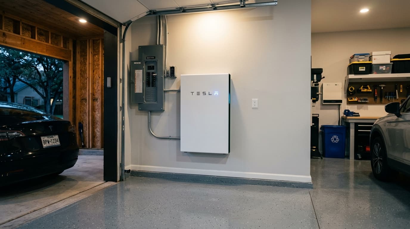 Wall-mounted home battery storage unit installed in a Texas residential garage next to an electrical panel