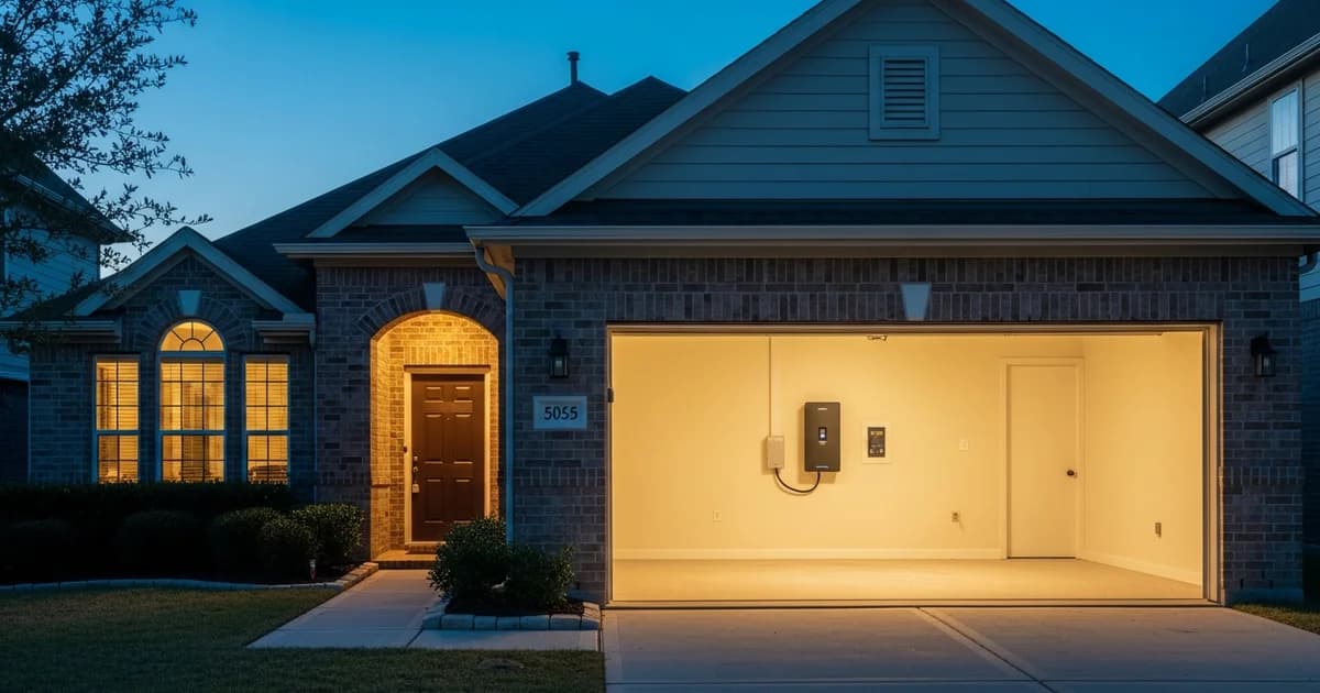 A Houston-area home at dusk with a wall-mounted battery in the garage, illustrating the choice to own backup rather than subscribe.