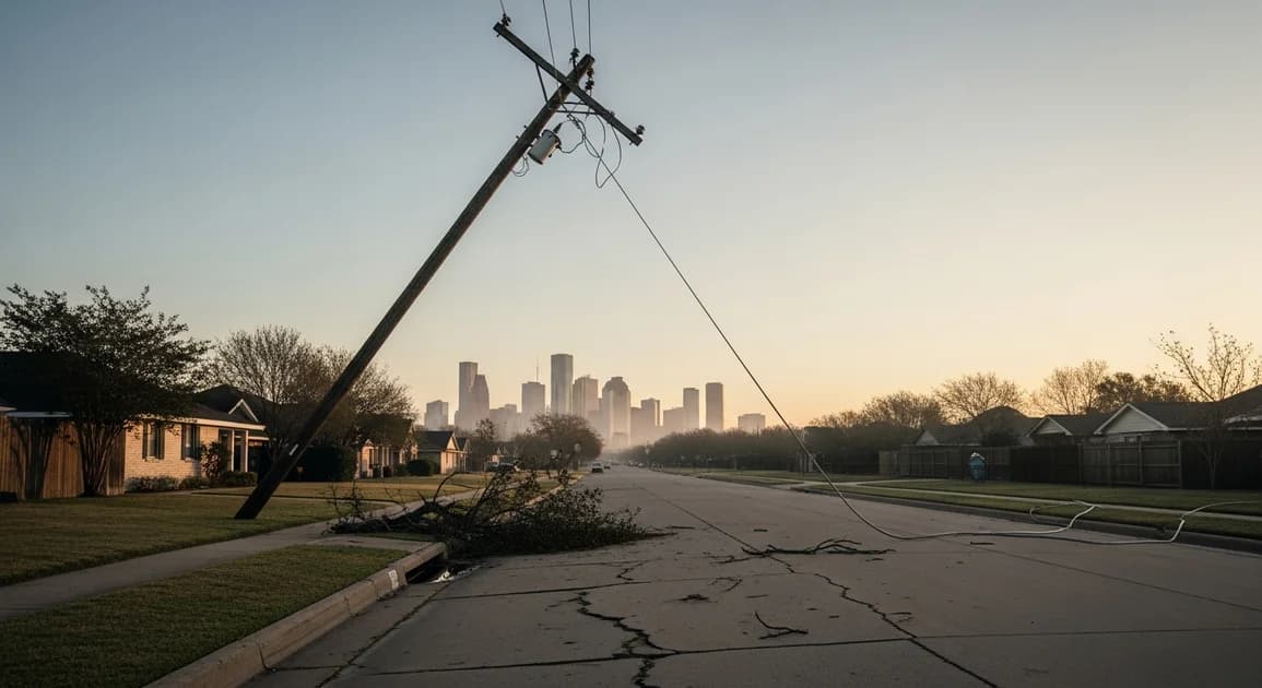 Cracked-pavement Houston street with tilted utility pole and downed power lines after a major weather event, dawn light, urban skyline silhouette in distance.