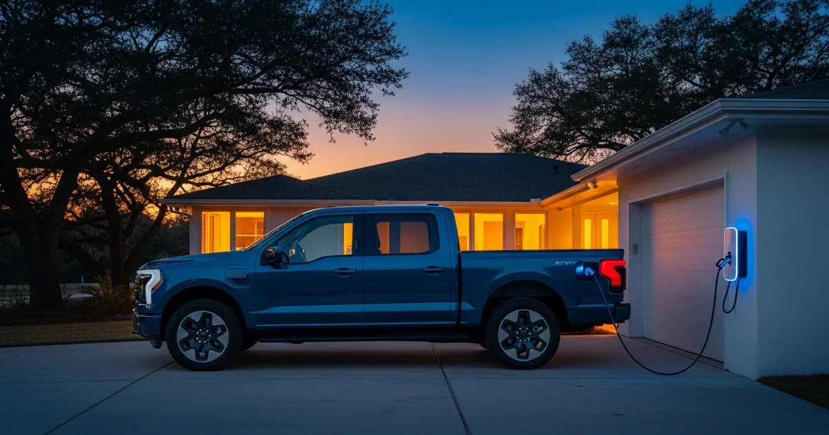 Ford F-150 Lightning electric truck parked in a residential driveway at dusk, plugged into a wall-mounted home charging station, with warm interior house lights glowing