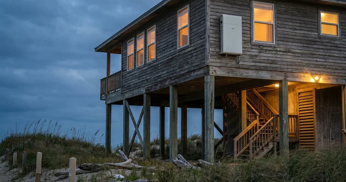 Weathered wooden beach house on tall pilings above dune grass at Surfside Beach, Texas, with a white home battery unit mounted high on the elevated exterior wall at blue hour and warm amber light glowing from the windows