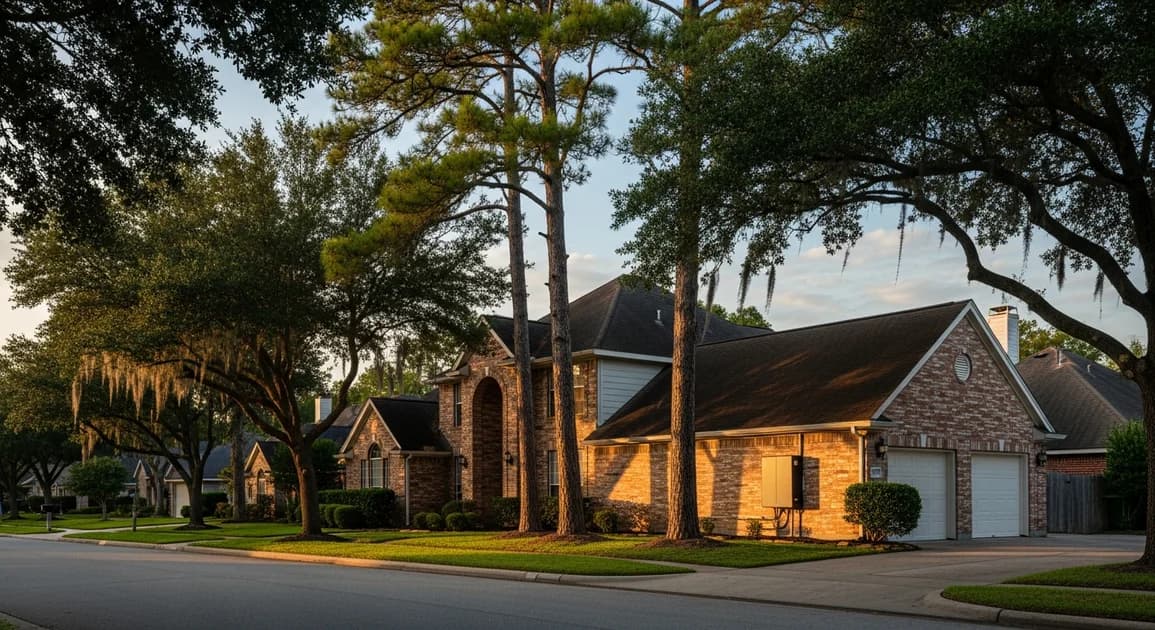 Friendswood Texas single-family brick home with mature pine trees and a wall-mounted home battery backup unit on the side garage exterior.