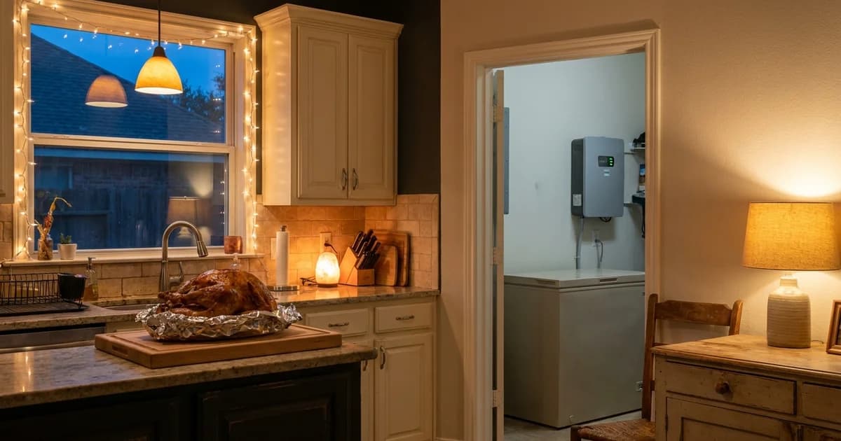 A warm Houston kitchen at blue hour with a roasted turkey resting on the counter, a string of warm white lights glowing on the window, a second chest freezer in the background, and a wall-mounted home battery unit visible in the adjoining utility room.
