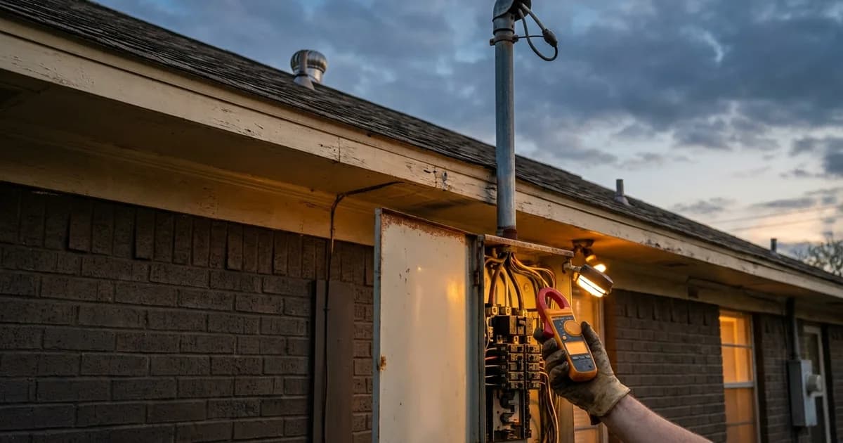 An electrician's gloved hand holding a clamp meter beside an open 100 amp electrical panel on the exterior brick wall of an older single-story Houston bungalow, with the service mast and weatherhead rising past the roofline into a late afternoon sky.