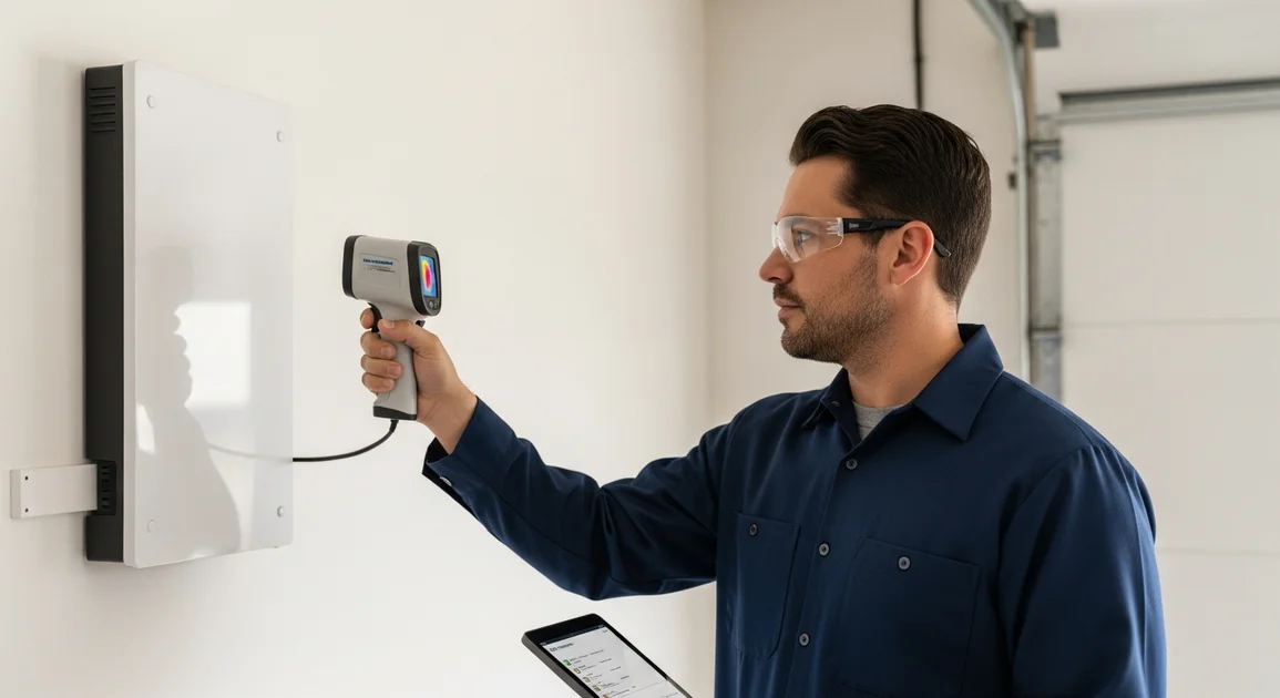 Eos field technician inspecting a wall-mounted Tesla Powerwall in a Houston suburban garage with an infrared thermal camera and a tablet checklist.