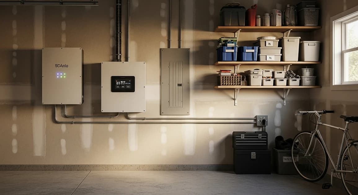 A wall-mounted home battery and smart panel in a clean Houston garage, with no solar panels, on a bright neutral wall.