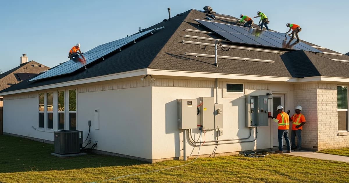 Houston home with a new roof, rooftop solar array, and a wall-mounted home battery installed together.