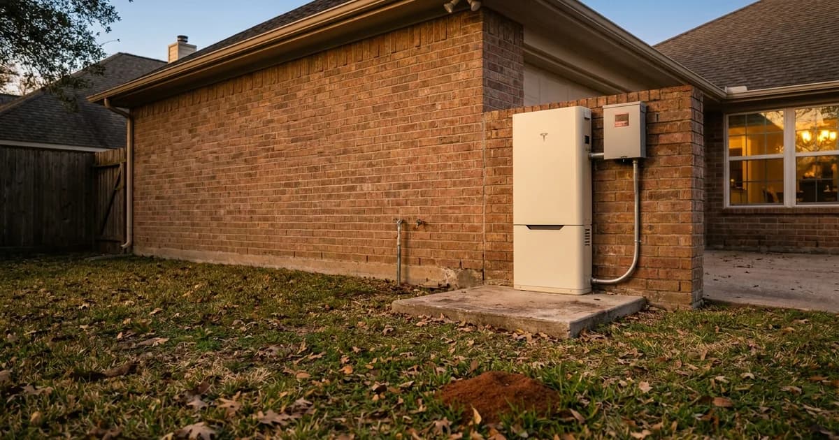 A wall-mounted home battery and gray controller on a raised concrete pad beside a Houston brick garage at golden hour, with a sealed conduit run entering the wall, a small fire ant mound in the lawn nearby, and live oak leaves on the grass.