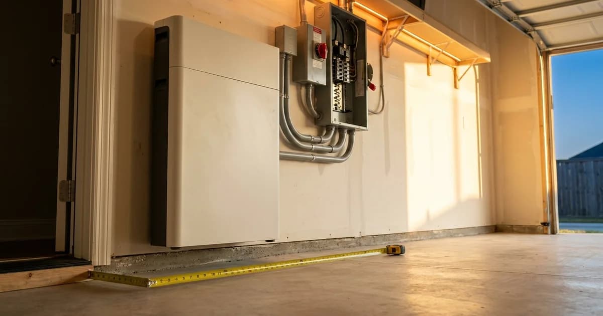 A wall-mounted home battery cabinet on bare drywall in a clean two-car Houston garage, a yellow tape measure extended across the concrete floor showing the clearance gap between the cabinet and the doorway into the house, gray conduit running to an open electrical panel with a red disconnect handle, warm late-afternoon light coming through the open garage door.