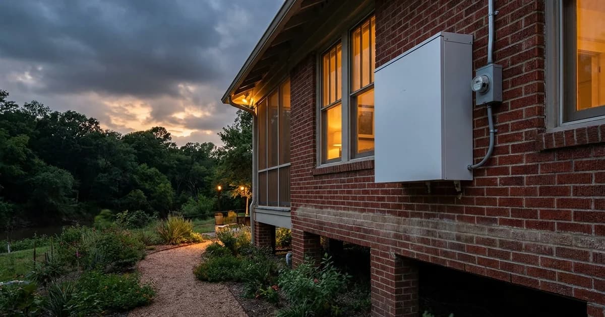 A white home battery cabinet and its electrical disconnect mounted high on the red brick side wall of a raised Houston house, positioned well above a faint brown water stain line left on the brick, with a gravel side yard, a bayou treeline and low evening clouds behind it