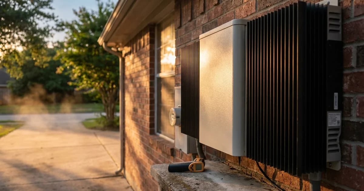 A wall-mounted home battery cabinet and inverter on the shaded north side of a Houston brick house on a late August afternoon, finned aluminum heatsink catching low amber light, heat shimmer rising off the concrete driveway behind it, a handheld infrared thermometer resting on the concrete ledge beside the enclosure