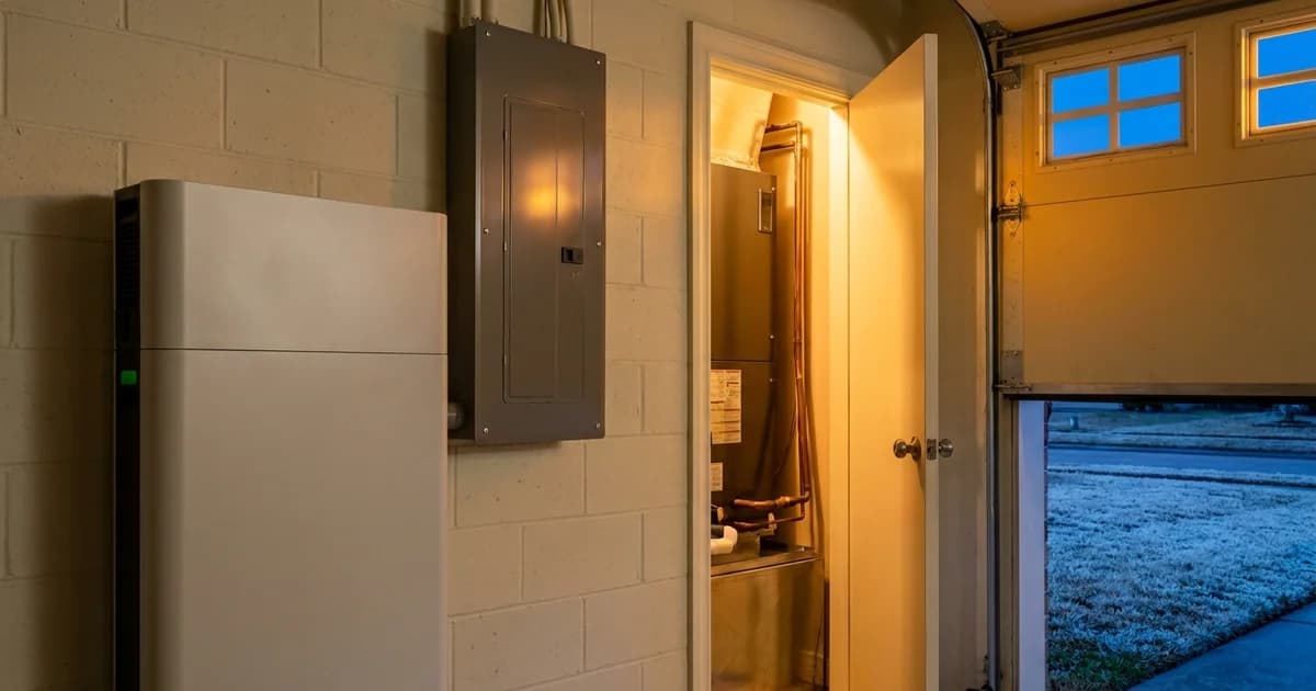 Garage wall in a Houston home at blue hour with a wall-mounted home battery and smart panel in the foreground, and through an open side door a heat pump air handler closet glowing with warm amber light, frost on the lawn outside.