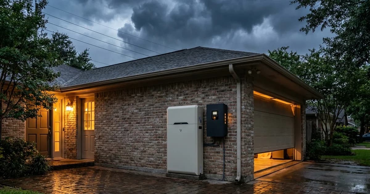 Wall-mounted home battery and controller on the exterior brick wall of a Houston house at blue hour, a storm front of dark clouds behind the roofline, warm amber light spilling from a garage door and a closed front door with no one visible.