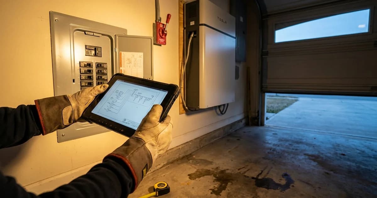 A licensed electrician's gloved hands holding a tablet beside an open gray subpanel in an attached Houston garage, a wall-mounted home battery cabinet and a red disconnect handle in the background, a yellow tape measure on the concrete floor, warm amber work-lamp light across the cabinet face and cool blue evening light through the open garage door.