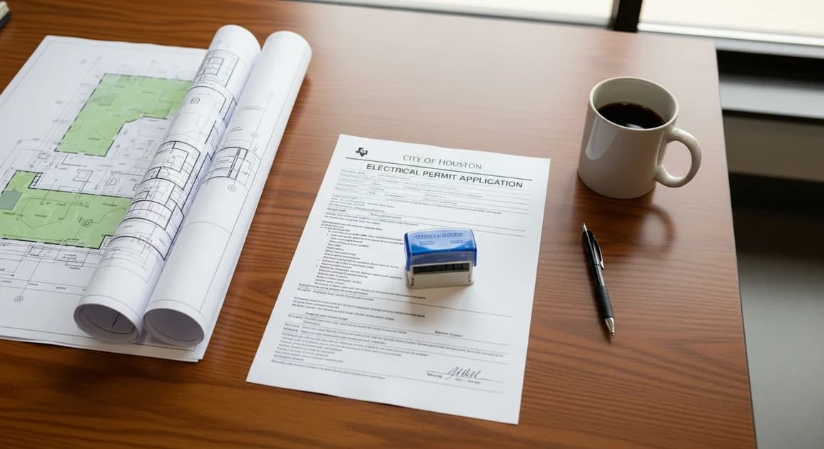 Houston Public Works permit application paperwork on a wooden desk with a stamped electrical permit, blueprints, and a pen, daylight from a window.