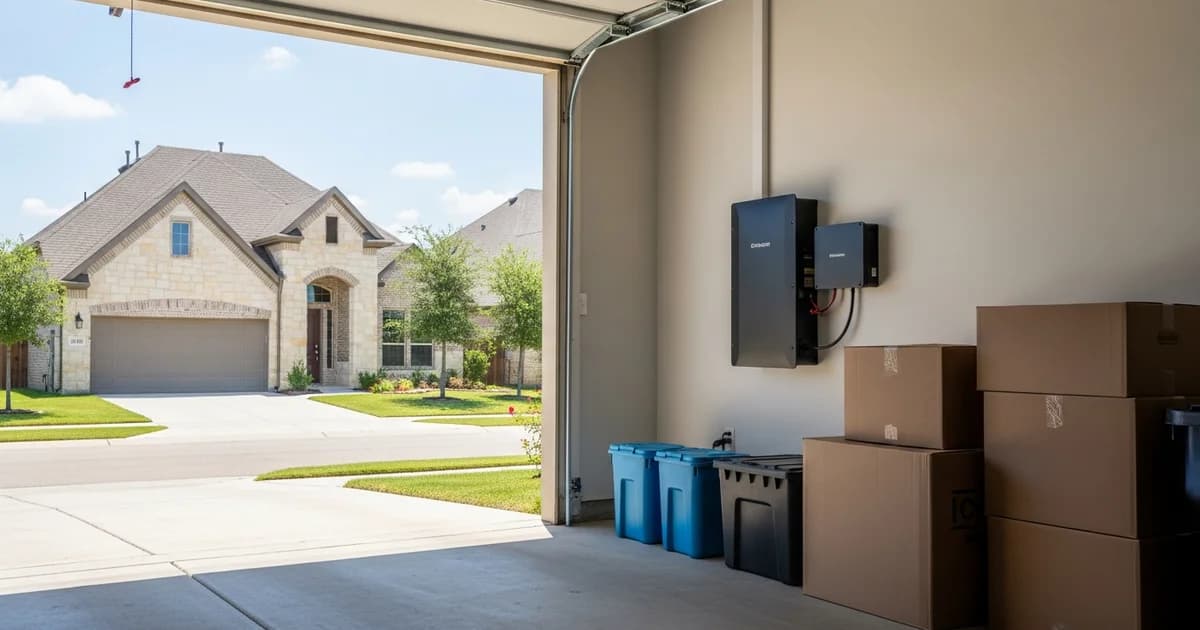 A Texas suburban home on moving day with a wall-mounted home battery visible in the open garage, boxes stacked nearby in daylight.