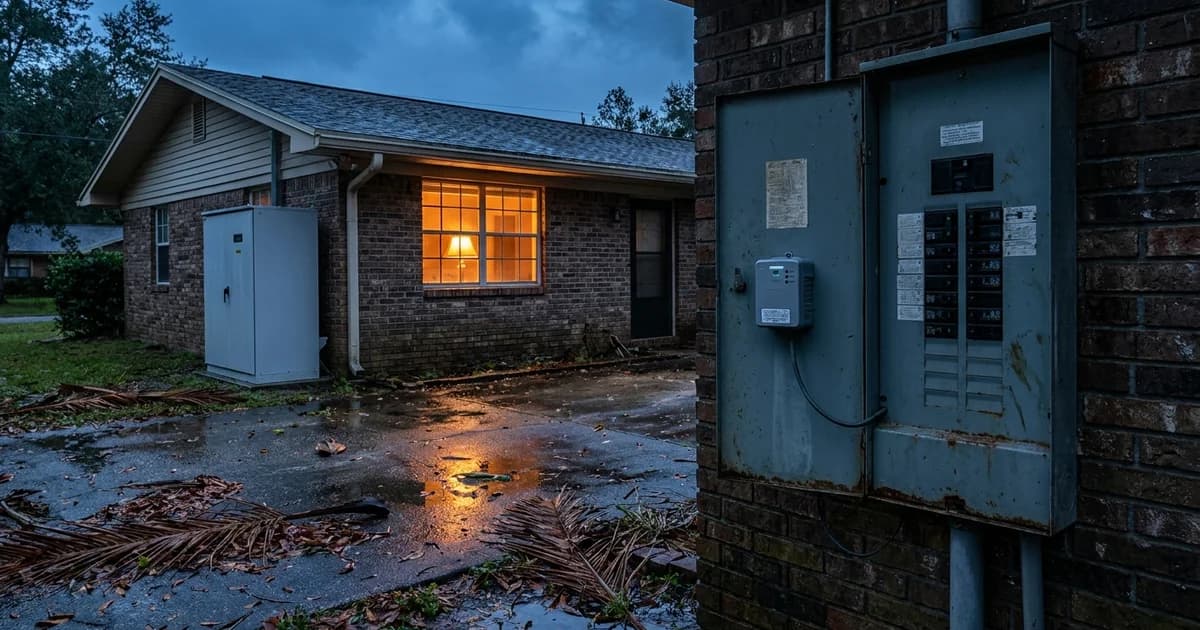 An open exterior electrical service panel on the brick wall of a single story Houston home just after a storm, breakers and a compact grey surge protective device visible inside the panel, a wall mounted home battery cabinet beside it, wet driveway and scattered palm fronds on the ground, warm amber light spilling from a nearby window against a cool blue hour sky
