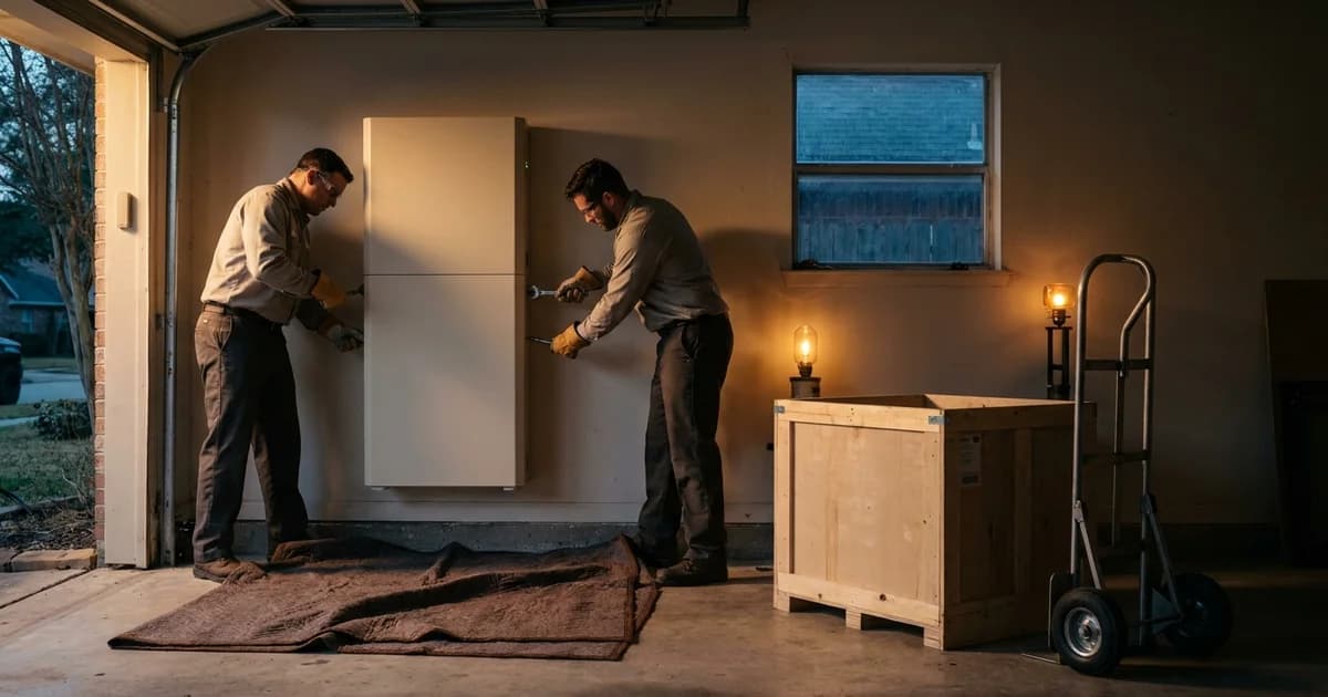 Two gloved technicians unbolting a wall-mounted home battery module from a Houston garage wall, protective moving blankets on the concrete floor, a labeled wooden shipping crate and a hand truck staged beside them, late afternoon light coming through the open garage door