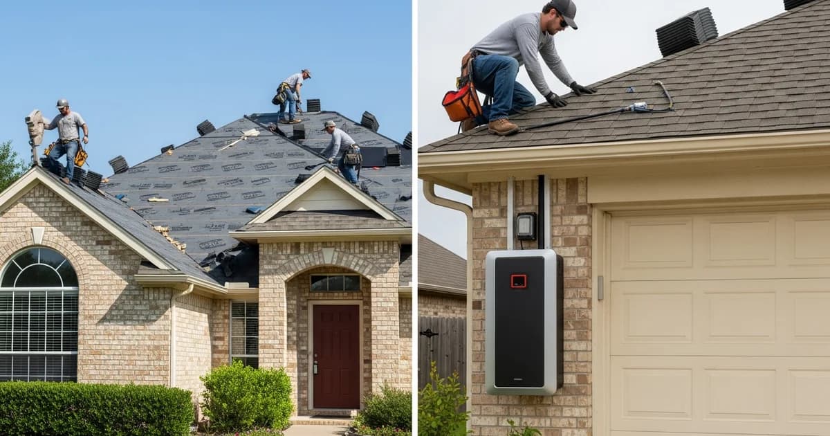 Roofing crew replacing shingles on a Houston home with a wall-mounted battery on the garage below