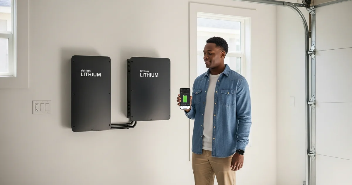A Houston homeowner in a clean garage holds a smartphone showing a home battery monitoring app next to a wall-mounted lithium battery backup unit in bright daylight.